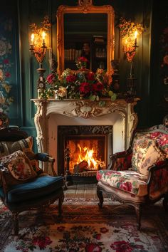 a living room filled with furniture and a fire place next to a mirror on the wall