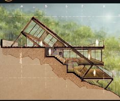 an architectural drawing of a house on top of a hill