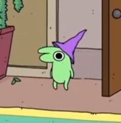 a cartoon character wearing a purple hat and looking at a potted plant in front of the door