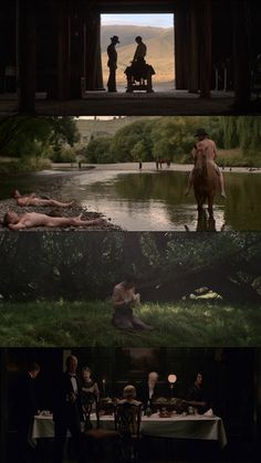 two different scenes from the same movie with people sitting at tables and one man standing in water