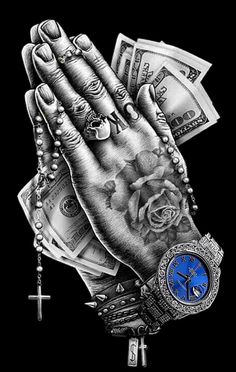 a drawing of a praying hand with money and a blue watch on it's wrist