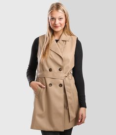 Hyfve Faux Leather Trench Vest - Brown X-Large, Women's Taupe Double button lined vest Waist tie detail Bust measures 40 on size small Body length 33 on size small Model Info: Height: 5'8 | Bust: 33 1/2 | Waist: 26 | Hip: 37 | Wearing Size: Small. Layering piece(s) and/or accessories sold separately.. Self: 45% PU, 55% Cotton. Lining: 100% Polyester. Machine wash cold. Do not bleach. Tumble dry low. Iron low. Do not dry clean.. Measurements: Bust -Fullest part of bust with arms at sides. Waist - Women's Coats, Trench Vest, Women's Trench Coat, Vest For Women, Leather Trench, Coats And Jackets, Trench Coats Women, Coats Jackets Women, Low Iron