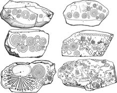 four different types of rocks are shown in this black and white drawing, with circles on them