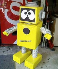 a yellow robot is standing in front of a red sign