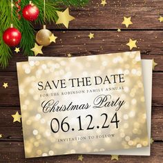 christmas party save the date card with gold stars and baubles on wooden background