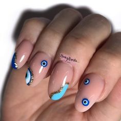 Evil Eyes Nail Design, Ojo Nails Art, Mexican Nails Short, Evil Eye Nail Art Design, Rakhi Nail Art, Turkish Nails Designs, Ojo Turco Nails, Turkish Eye Nails, Evil Eye Nails Design