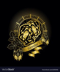 the zodiac sign virgo in gold on a black background with an ornament