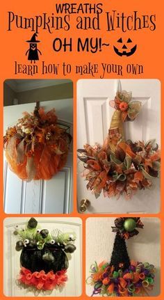 four pictures of pumpkin wreaths and witches on the front door with text overlay