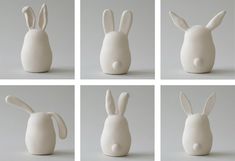 four different images of white ceramic rabbits on grey background, each with their own head in the shape of a rabbit