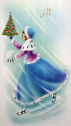 a christmas card with an image of a woman in a blue dress holding a tree