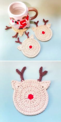 crocheted reindeer coasters with red nose and antlers are shown in two different views