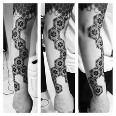 three different views of the same tattoo on someone's arm, both in black and white