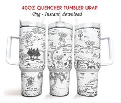 three travel mugs with drawings on them and the words aooz quencher tumbler wrap