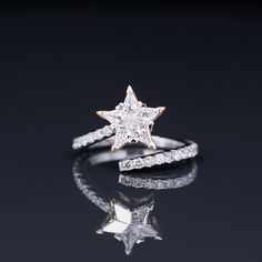 Yates Reach for the stars with this beauty! This gorgeous piece is crafted from rich 14k yellow and white gold. The incredible diamond are precisly cut to fit perfectly with one another. The diamond covered band wraps around your finger with ease. Say hello to your new statement piece! Star Diamond Ring Engagement, Star Shaped Wedding Rings, Star Shaped Ring, Star Rings Jewelry, Diamond Star Ring, Star Shaped Engagement Ring, Diamond White Star-shaped Diamond Ring, Star-shaped Diamond Rings In White, Star Shaped Diamond White Rings