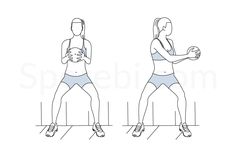 a woman doing squats with the ball in her hand and another standing behind her