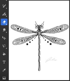 a black and white drawing of a dragonfly with stars on it's wings