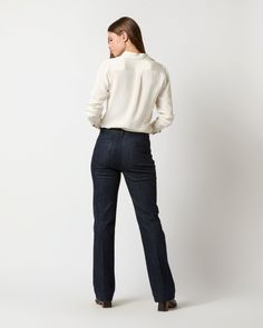 The Sloane is the latest add to our denim program — think of it as a hybrid between a jean and a true trouser. It’s made with a slightly heavier denim and a flattering, full 32” inseam with just the right amount of flare. The perfect dress-it-down, dress-it-up jean. Bra Alternatives, Ann Mashburn, Flat Heel Boots, Guest Attire, Wedding Attire Guest, Clothing Catalog, Scarf Sale, Dark Indigo, Buckle Shoes