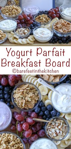 yogurt parfait breakfast board with grapes, bananas and granola toppings