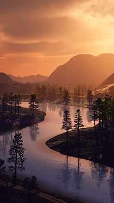 the sun is setting over a lake with mountains in the background and trees on both sides