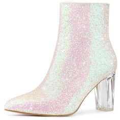 Can't help falling in love with these sparkly booties. The Glitter Ankle Boots have high block heels, a pointed toe, a low shaft that zips up the inside, and a safe cover on the mouth of shoes to prevent rubbing from the glitter. The glitter design will make you stand out in the crowd. It is a great choice for dating and hanging out with friends. It will win your heart via your feet. Glitter Ankle Boots, Boogie Shoes, High Block Heels, Black Western Boots, Swift Outfits, Can't Help Falling In Love, Clear Block Heels, Boot Bling, Glitter Boots