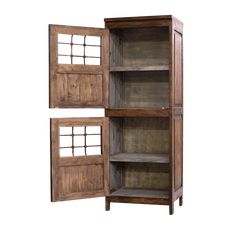 an open wooden cabinet with glass doors on the top and bottom shelves, against a white background