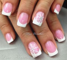 Sculpted pink and white gel enhancement with Swarovski Crystals. #Swarovskicrystals #swarovski #pinkandwhites #snowflakes #frenchnails #gelnails #nailart #handpaintednails #naildesign #nails #lisakorallus #liquidglamour #lisasaltiel #lisamariesaltiel #nailpictures Winter French Tip Nails Square, Gel Ideas, Glitter Gel Nail Designs, Neat Nails, Wedding Nails Glitter, Black Acrylic Nails, Fancy Nails Designs, Snowflake Nails, White Nail Designs