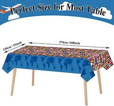 an image of a blue table cloth with world map on it and the words perfect size for most table