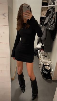 Black Boots Night Outfit, Boots Outfit Night Out, 2024 Night Outfits, Fall Black Boots Outfit, Cute Casual Party Outfits, Scandinavian Party Outfit, Stockholm Party Outfit, Black Dress With Black Boots, Party Black Outfit