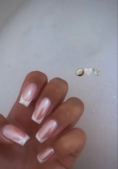 Acrylic Nails For Pink Dress, Classy Acrylic Nails Pink, Pretty French Manicure Nails, Shiny Natural Nails, French Top Chrome Nails, Shimmer French Manicure, Gel X Nail Inspiration, Pink Dress Nail Ideas, Opal French Nails