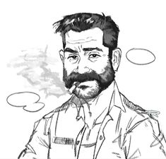 a black and white drawing of a man with a beard wearing a button up shirt