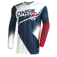 a white and blue jersey with the words oneal in red, white, and blue