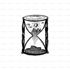 an hourglass with the sun in it and mountains behind it, on a white background