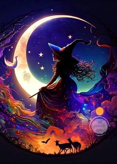 a painting of a witch on the moon