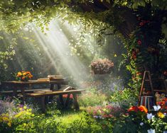 a picnic table in the middle of a garden with flowers and greenery around it