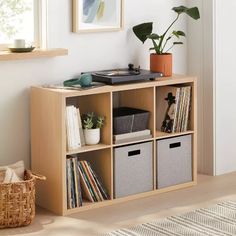 a wooden shelf filled with lots of books and vinyl record player's equipment next to a plant