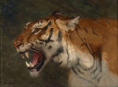 a painting of a tiger with its mouth open