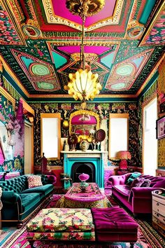 a living room filled with lots of colorful furniture and walls painted in different colors on the ceiling