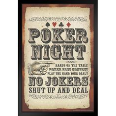 an old poster with the words poker night and no jokers shut up and deal