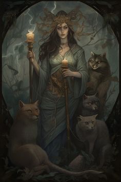 a painting of a woman holding a candle surrounded by cats and other animals in a forest