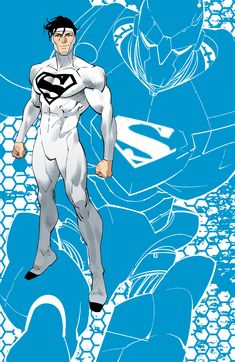 a man in a superman suit standing on top of a blue and white wallpaper