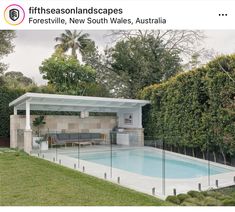 an outdoor swimming pool surrounded by greenery and trees, with the caption foreseesonlandscapes forestville, new south wales, australia