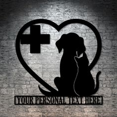 a dog is sitting in front of a heart with a cross on it