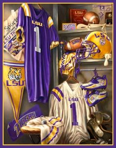 a painting of a football uniform and other sports memorabilia in a locker room with the number 1 on it