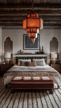 a large bed sitting under a hanging light in a bedroom