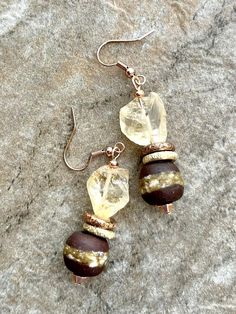 Tribal Boho Earrings Rough Citrine Ghanaian Ethnic Glass African Trade Copper Gemstone Earrings Handmade, Boho Earrings Hippie Bohemian, African Earrings Handmade, Boho Jewelry Display, African Beaded Jewelry, Beaded Boho Jewelry, Jewelry Shop Display, Cork Jewelry, Autumn Jewelry