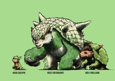 an image of some cartoon animals with different colors and sizes on their body, one is green