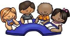 three children sitting on an inflatable object with their arms around each other and reading