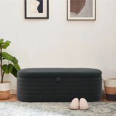 a pair of slippers sitting on top of an inflatable mattress next to a potted plant