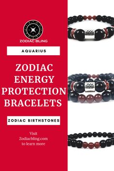 three bracelets with the words zodiac energy protection braclets and zodiac birth