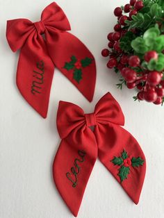 two red bows with holly leaves and the word merry written on them are next to a potted plant